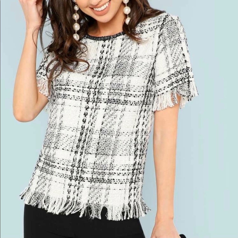 Raw hem tweed plaid blouse